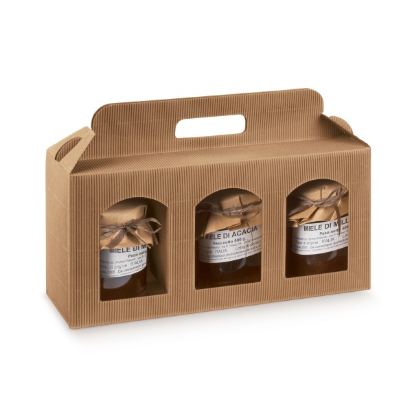 Verpackung für 3 Dosen mit Fenster braun (190x60x150 mm)
