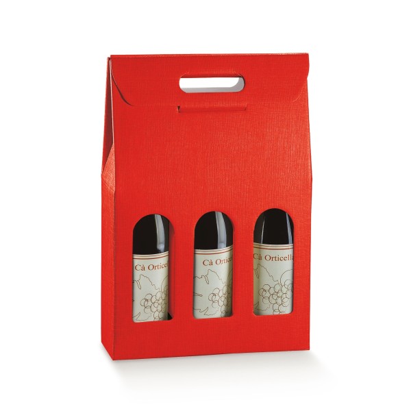Flaschenkarton für 3 Flaschen mit Tragegriff und Fenster stehend rot (270x90x385 mm)
