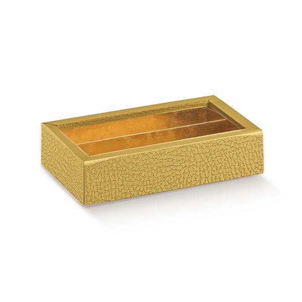 Pralinenschachtel mit Schiebedeckel und Einlage goldfarben (215x145x35/25 mm)