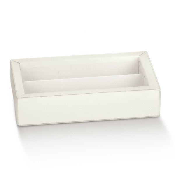 Pralinenschachtel mit Schiebedeckel und Einlage weiß (145x75x35 mm)