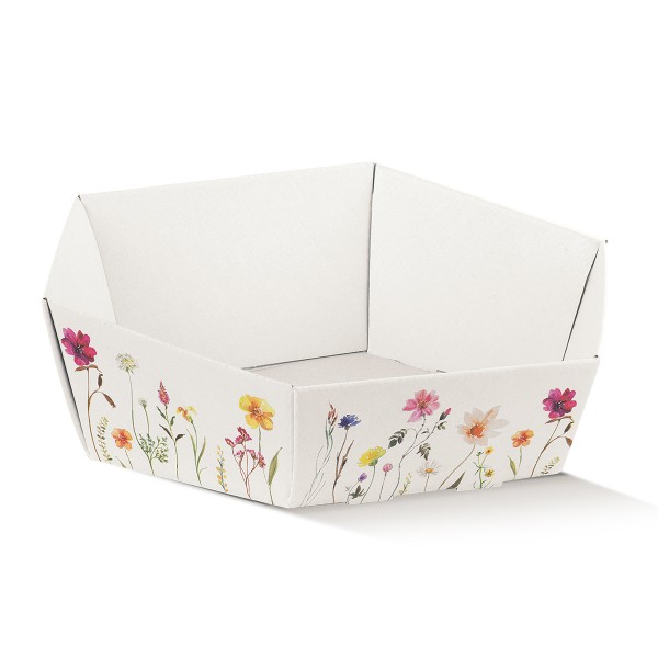 Präsentkorb 6-eckig VASSOIO ESAGONO weiß mit Frühlingsblumen (290x230x85 mm)