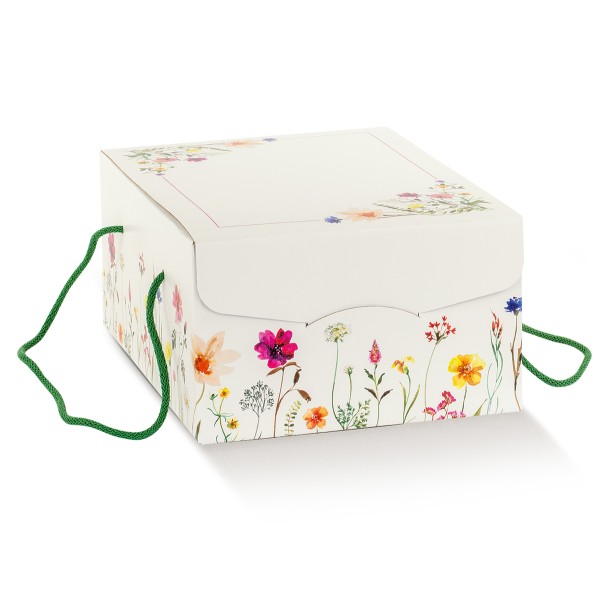 Geschenkkarton mit Kordel weiß mit Frühlingsblumen (235x335x140 mm)