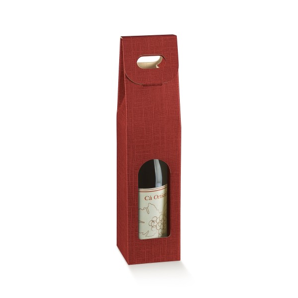 Flaschenkarton für 1 Flasche mit Tragegriff und Fenster stehend bordeaux (90x90x385 mm)