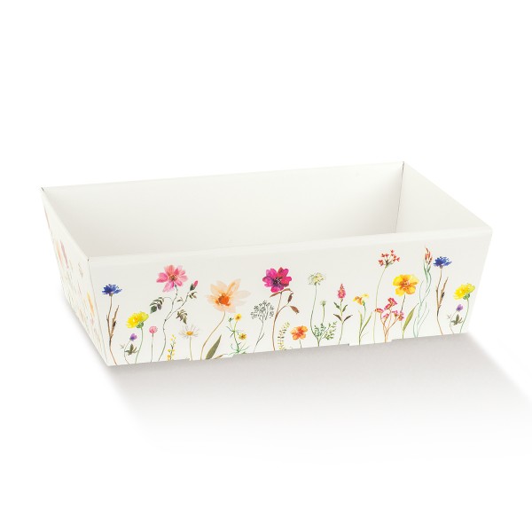 Präsentkorb konisch VASSOIO CONICO weiß mit Frühlingsblumen (290x210x90 mm)