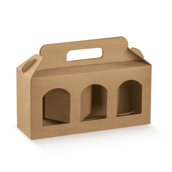 Verpackung für 3 Dosen mit Fenster braun (190x60x90 mm)