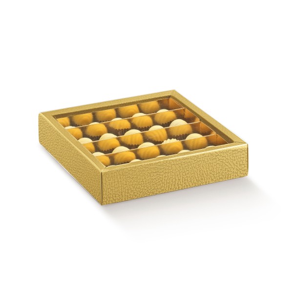 Pralinenschachtel mit Schiebedeckel und Einlage goldfarben (145x145x35 mm)