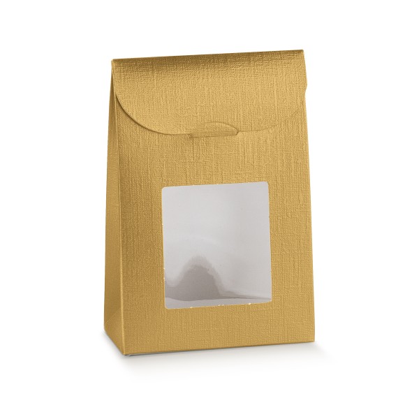 Schachtel Tasche mit Fenster gold (115x55x180 mm)
