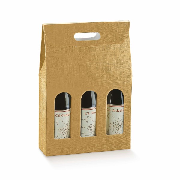 Flaschenkarton für 3 Flaschen mit Tragegriff und Fenster stehend goldfarben (270x90x385 mm)