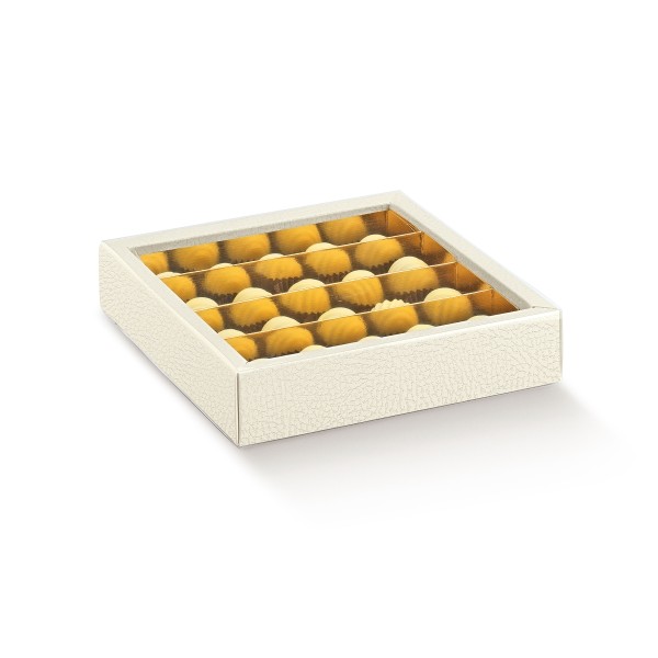 Pralinenschachtel mit Schiebedeckel und Einlage weiß creme (145x145x35 mm)