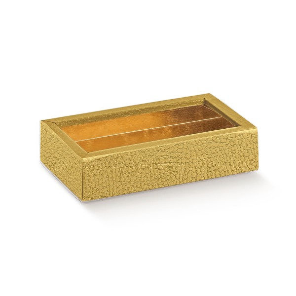Pralinenschachtel mit Schiebedeckel und Einlage goldfarben (145x75x35 mm)