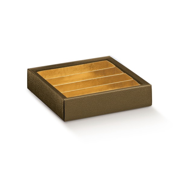 Pralinenschachtel mit Schiebedeckel und Einlage braun (215x215x35 mm/25 mm)